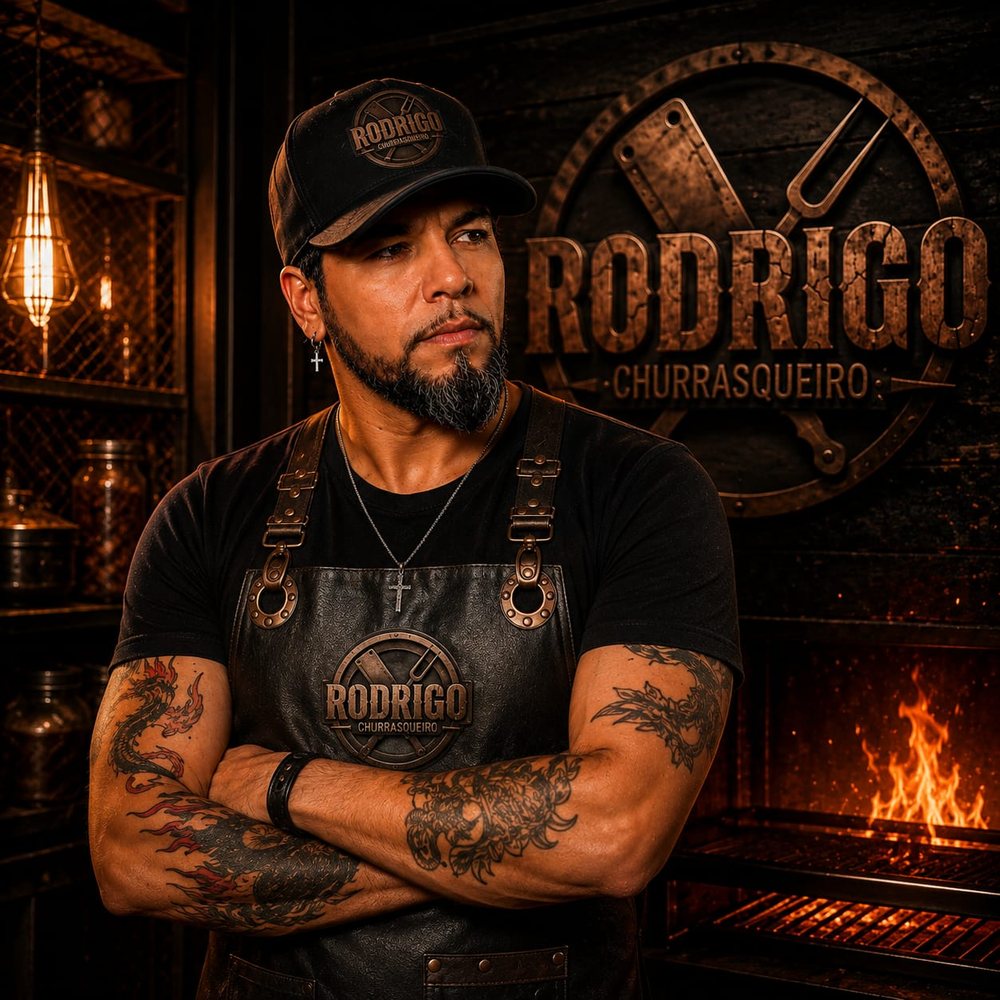 Rodrigo, churrasqueiro, de boné e avental com a marca Rodrigo Churrasqueiro, de braços cruzados diante da churrasqueira